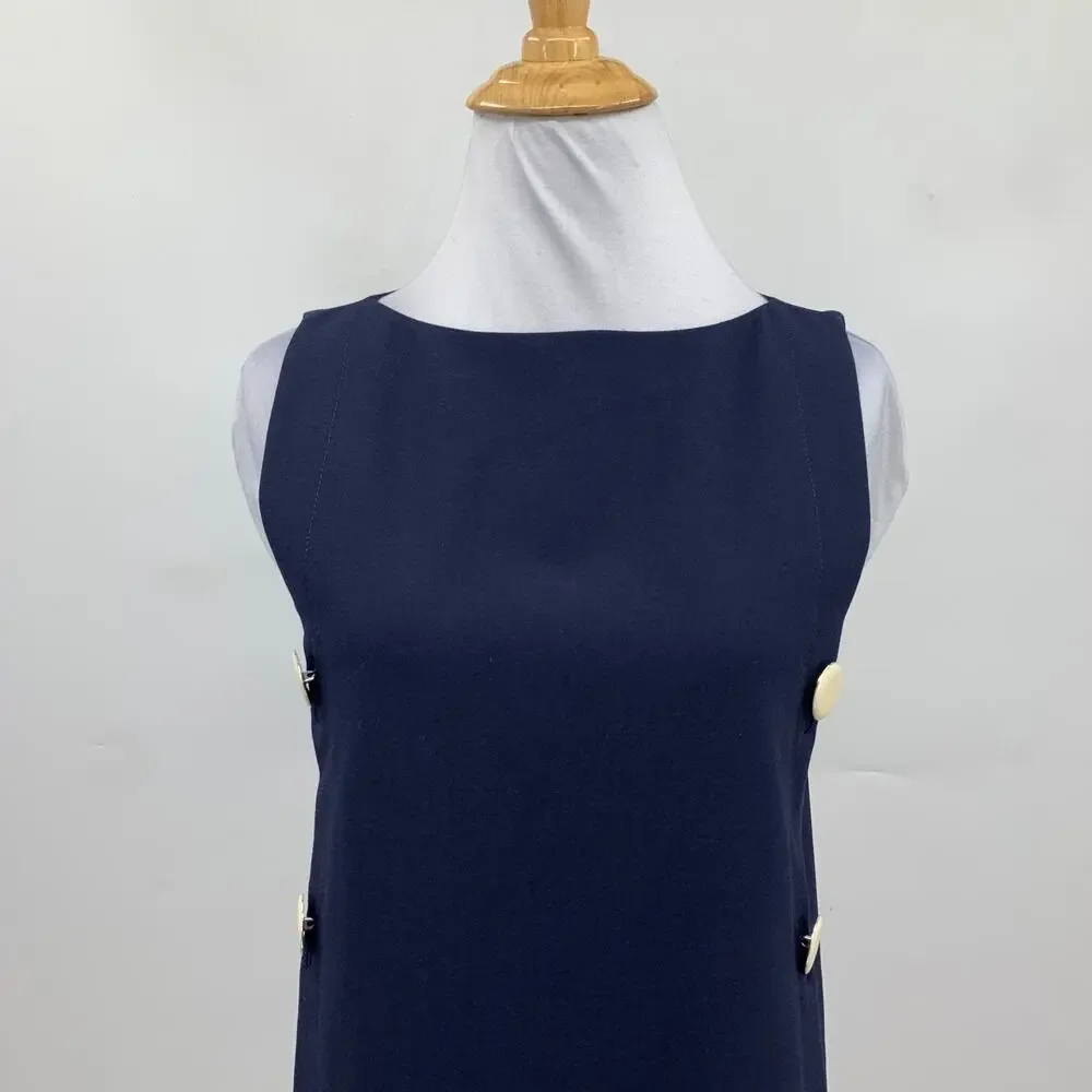 Tory Burch Dress Women 0 Navy Suiting Double Lined Side Buttons Sleeveless Shift